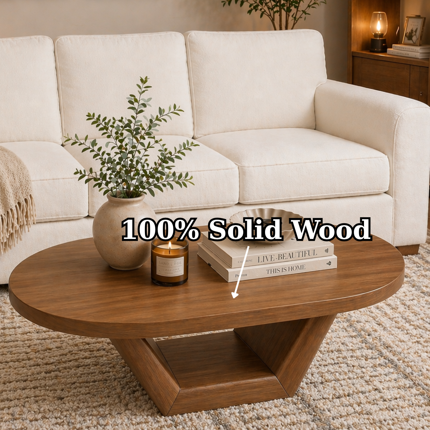 Solid Wood Coffee Table with Sculptural Base