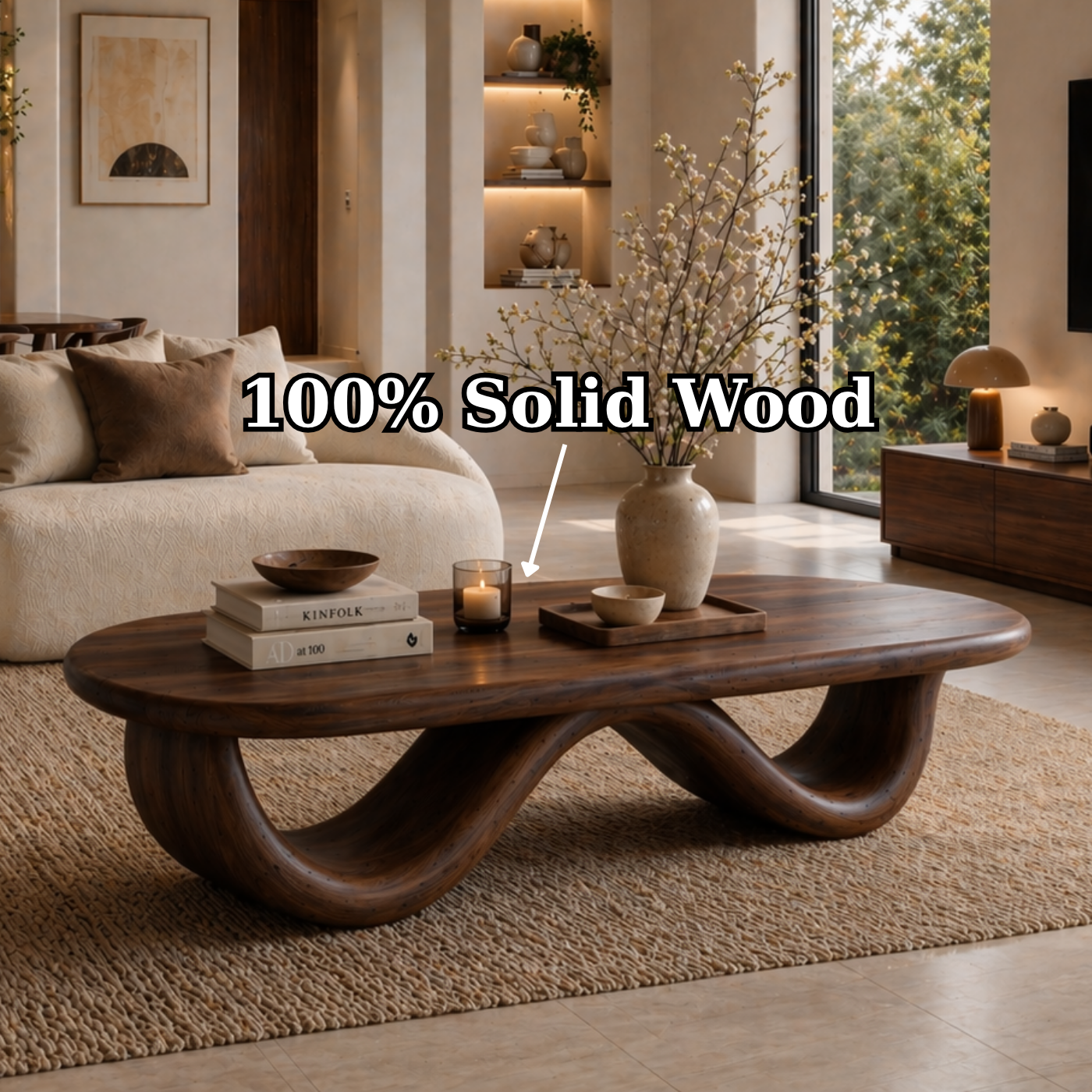 Solid Wood Coffee Table with Curved Sculptural Base and Organic Top