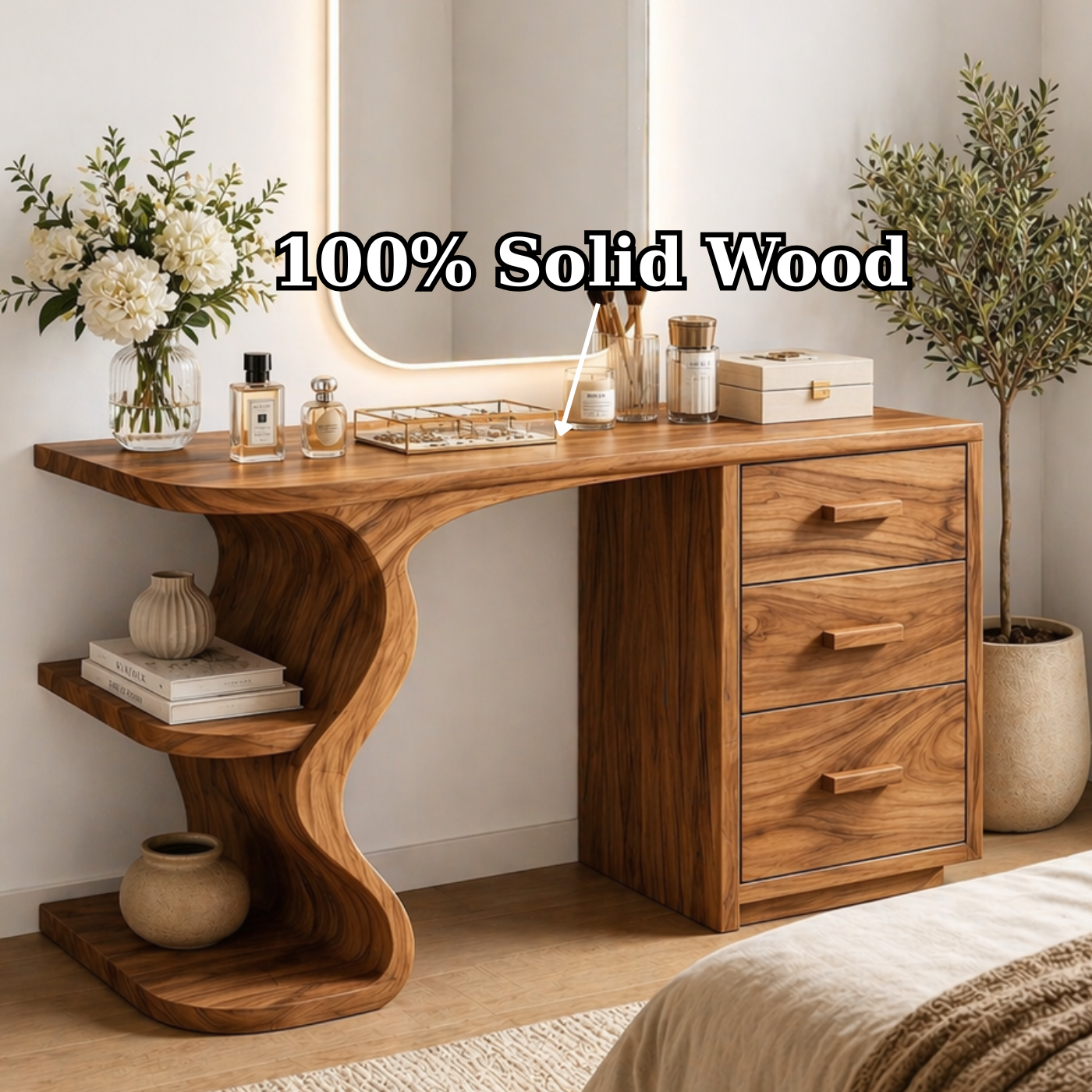 Solid Wood Makeup Vanity Desk with Sculptural Curved Base and 3 Drawers