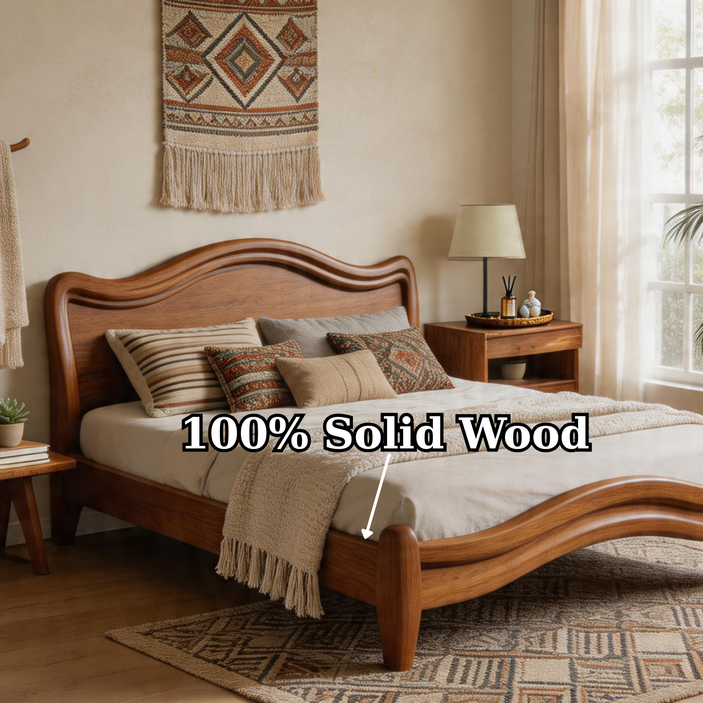 Modern Solid Wood Platform Bed with Curved Design