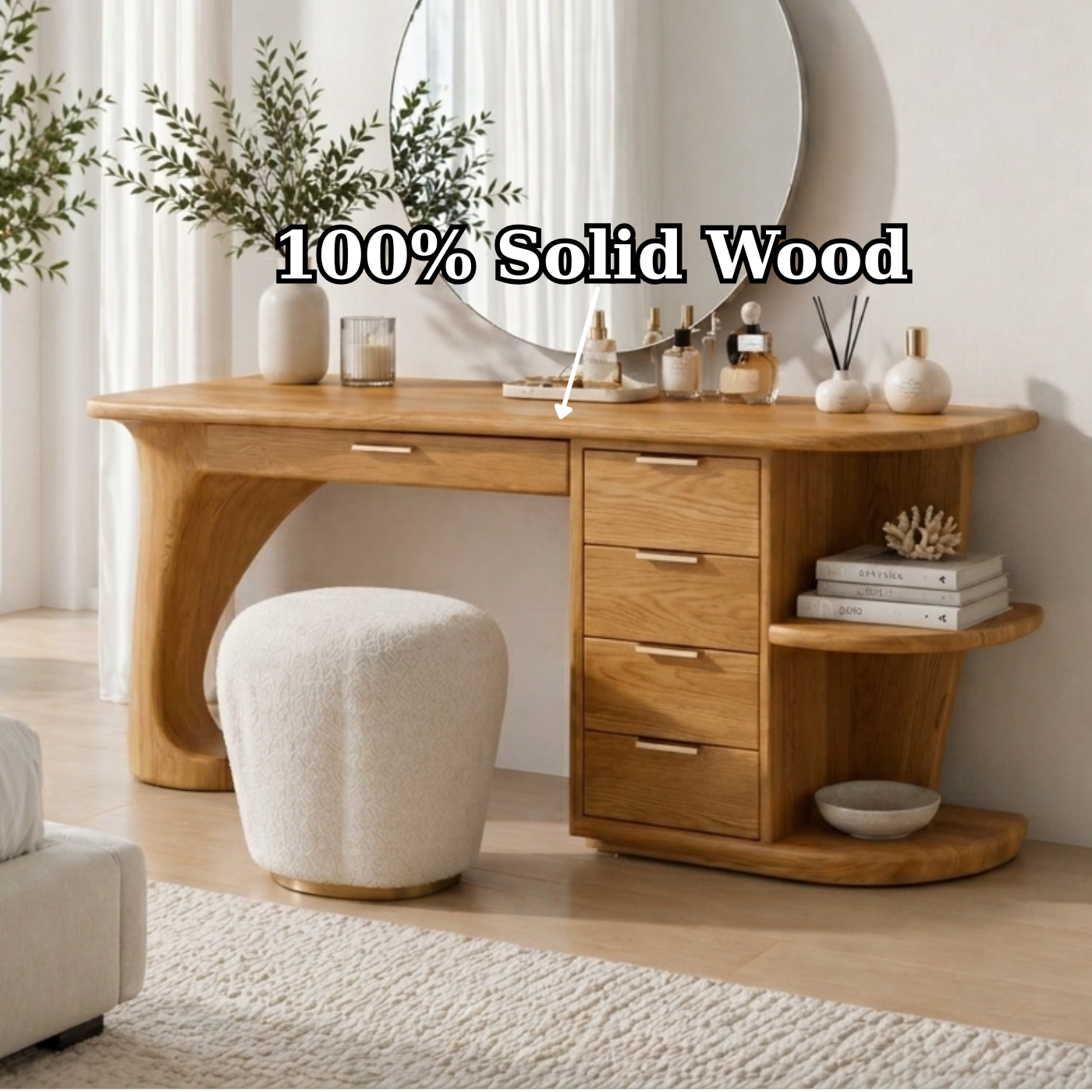 Solid Wood Makeup Vanity Desk with Curved Base and Multi Drawer Storage