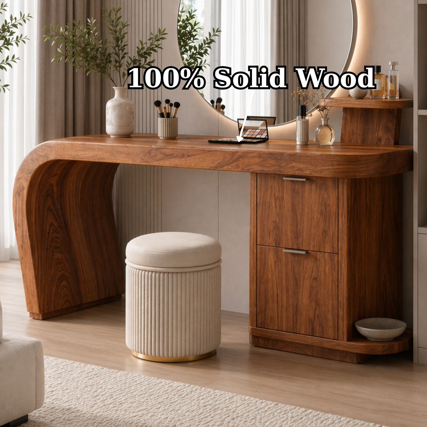 Solid Wood Makeup Vanity Desk with Curved Base and Storage Cabinet