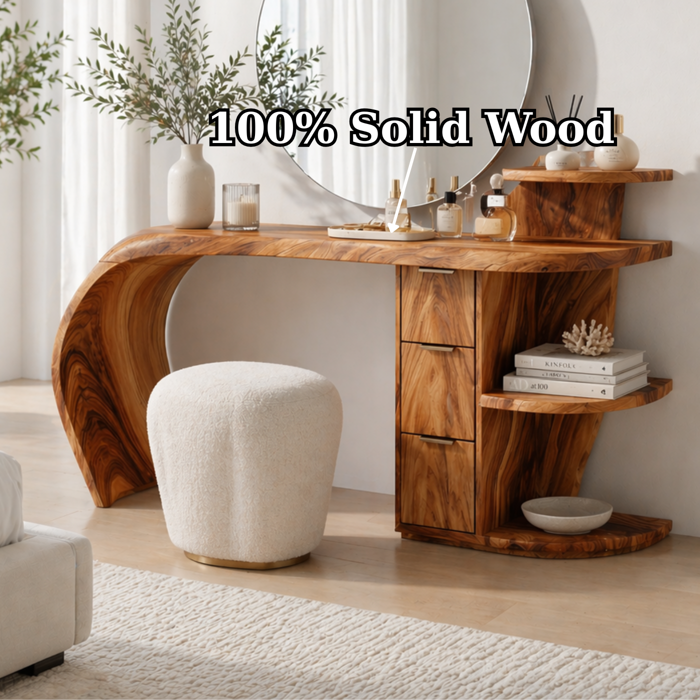 Solid Wood Makeup Vanity Desk with Sculptural Curved Design and Storage Drawers