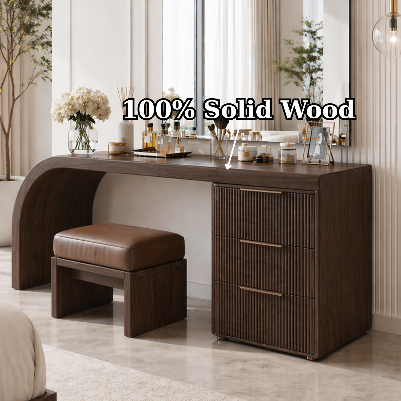 Solid Wood Makeup Vanity Desk with Curved Base and Fluted Drawer Cabinet