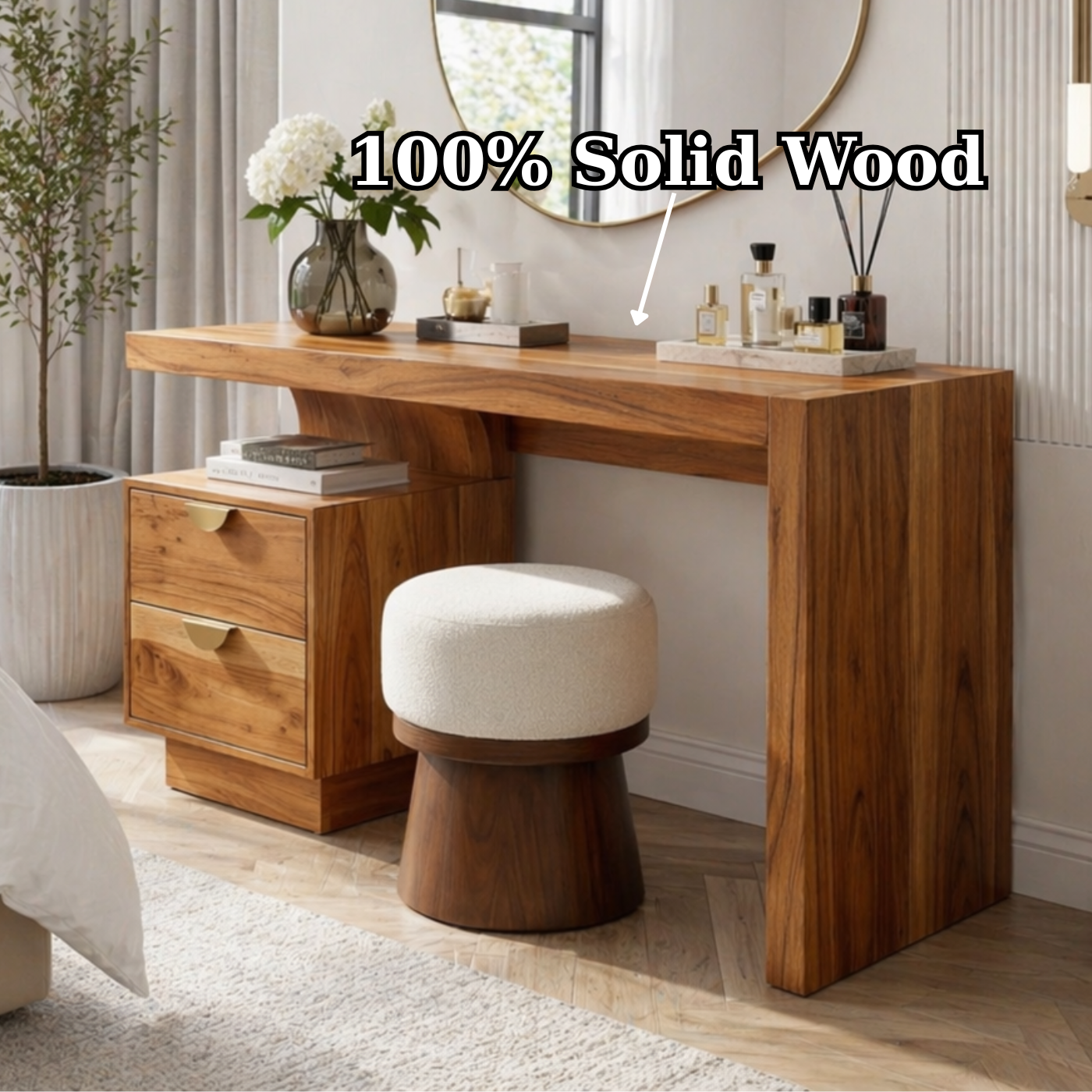 Solid Wood Makeup Vanity Desk with Thick Slab Design and Storage Drawers