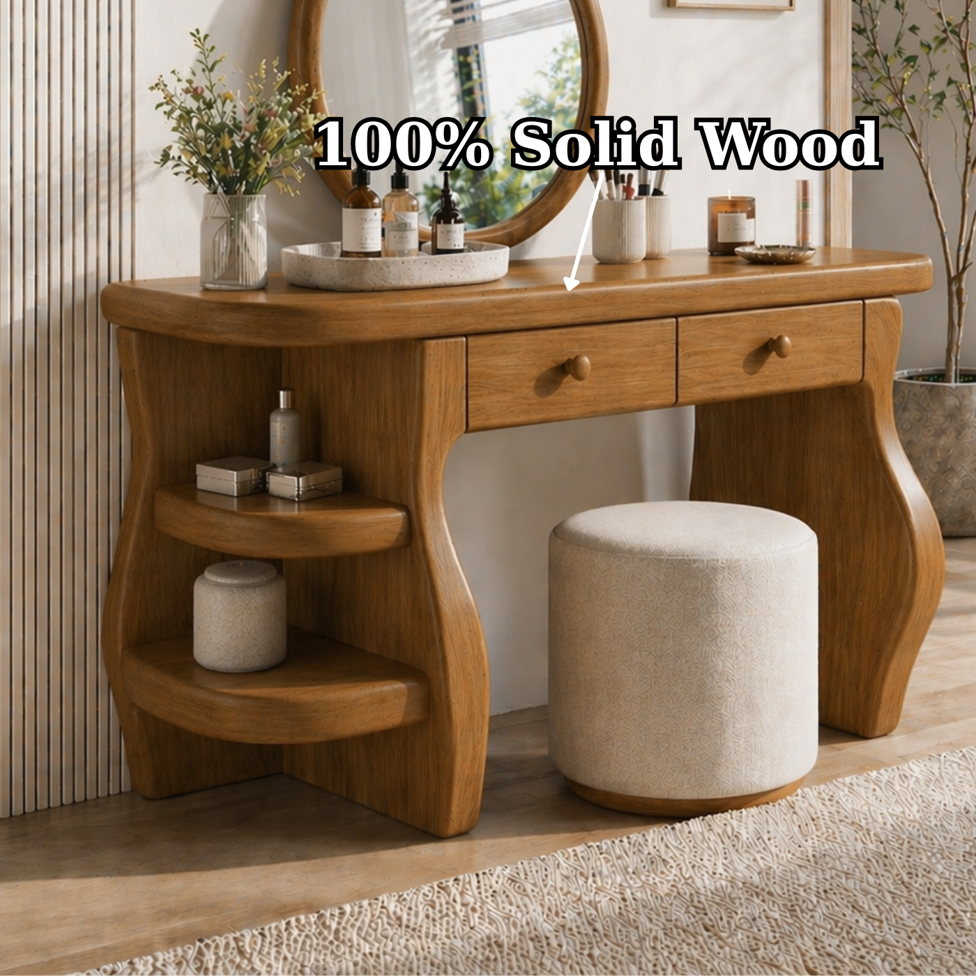 Solid Wood Makeup Vanity Desk with Sculptural Curved Base and Double Drawers