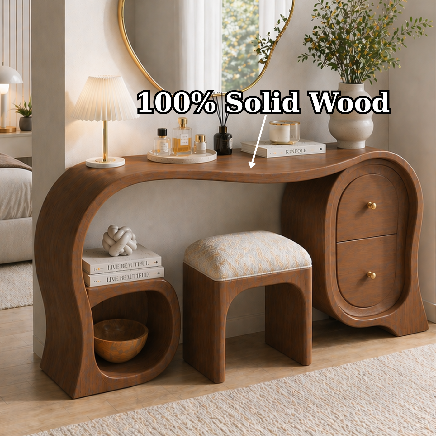 Solid Wood Makeup Vanity Desk with Sculptural Arch Design and Drawer Storage