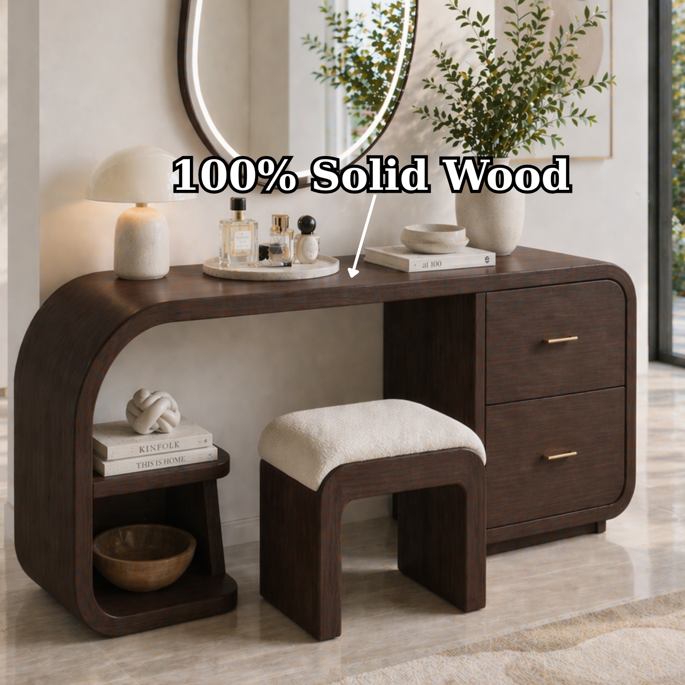 Solid Wood Makeup Vanity Desk with Curved Design and 2 Drawer Storage