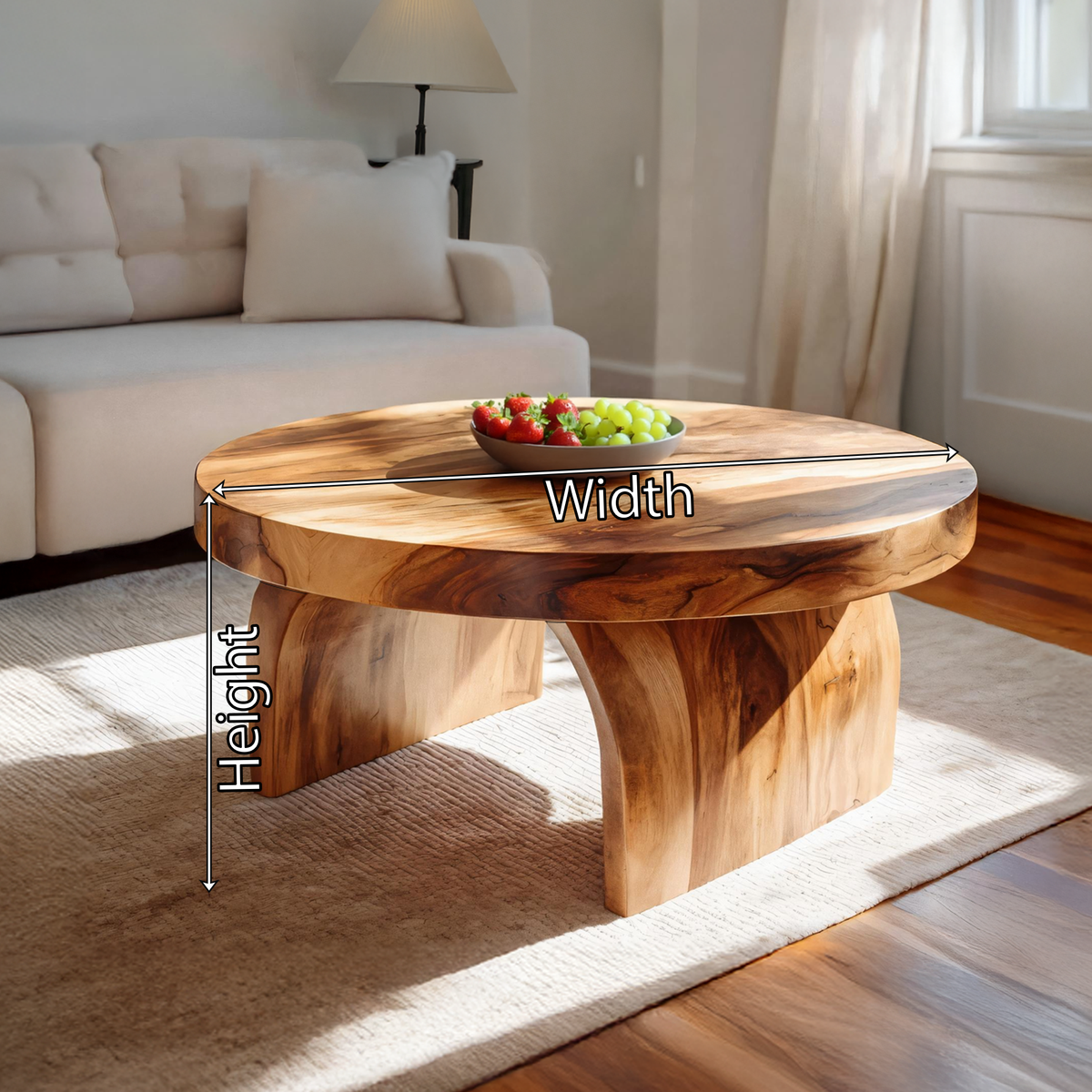 Round Solid Wood Coffee Table with Sculptural Block Base