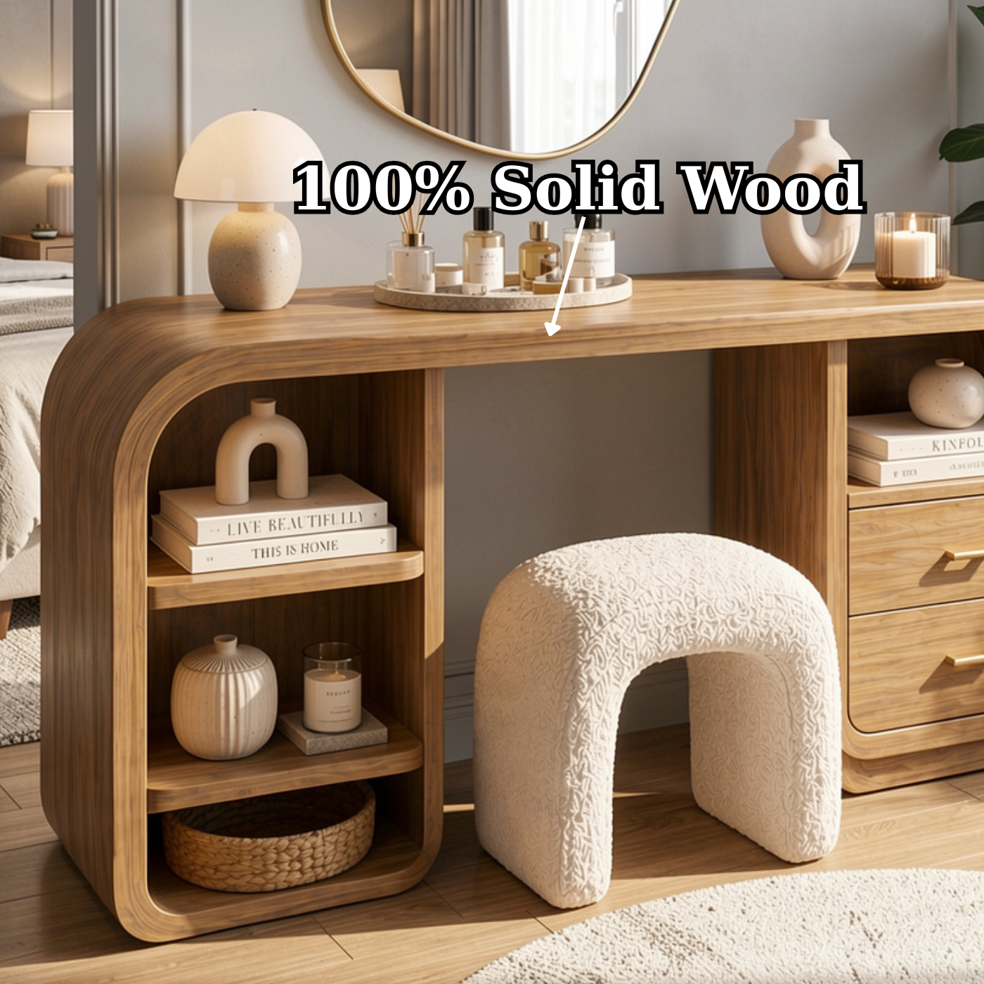 Solid Wood Makeup Vanity Desk with Rounded Design and Drawer Storage