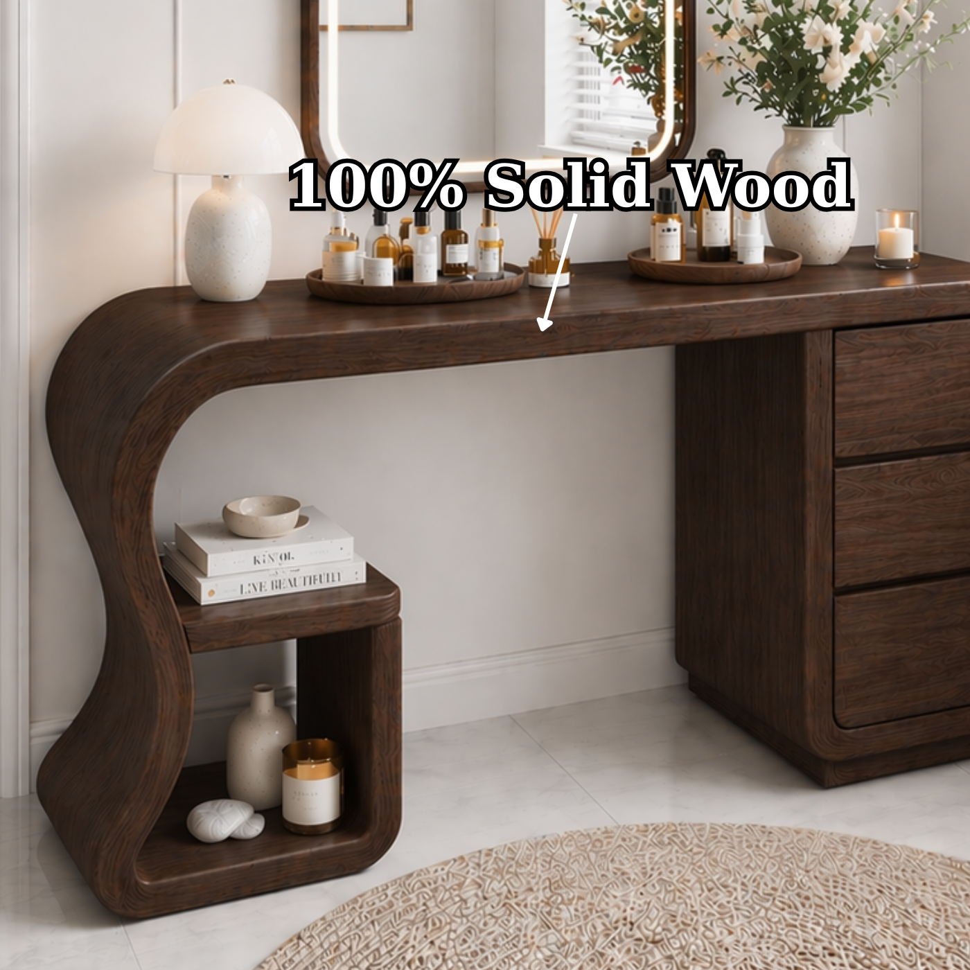 Solid Wood Makeup Vanity Desk with Curved Design and 3 Drawer Storage
