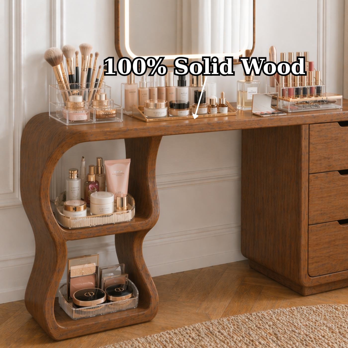 Solid Wood Makeup Vanity Desk with Sculptural Curved Base and 3 Drawers