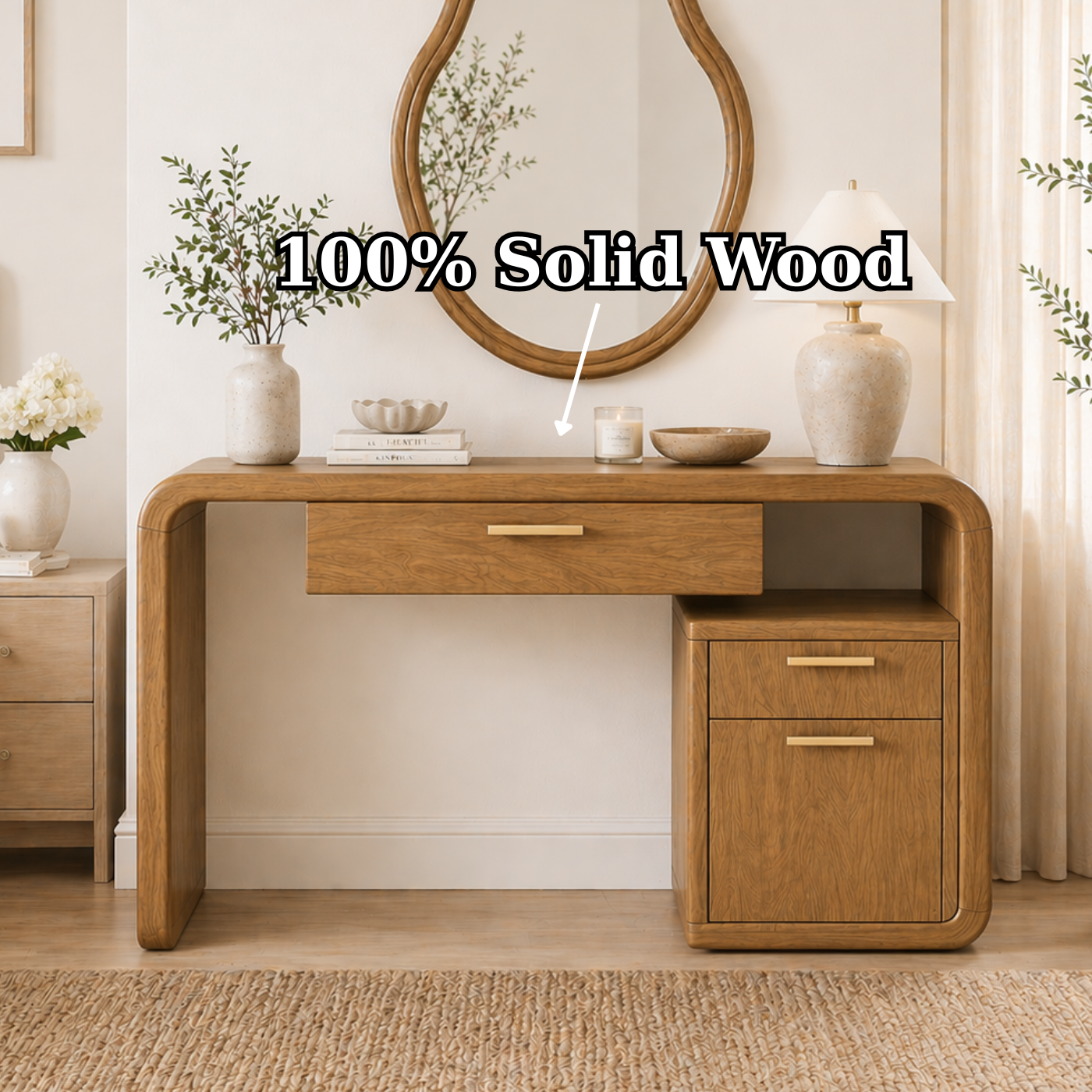 Solid Wood Makeup Vanity Desk with Rounded Frame and Drawer Storage