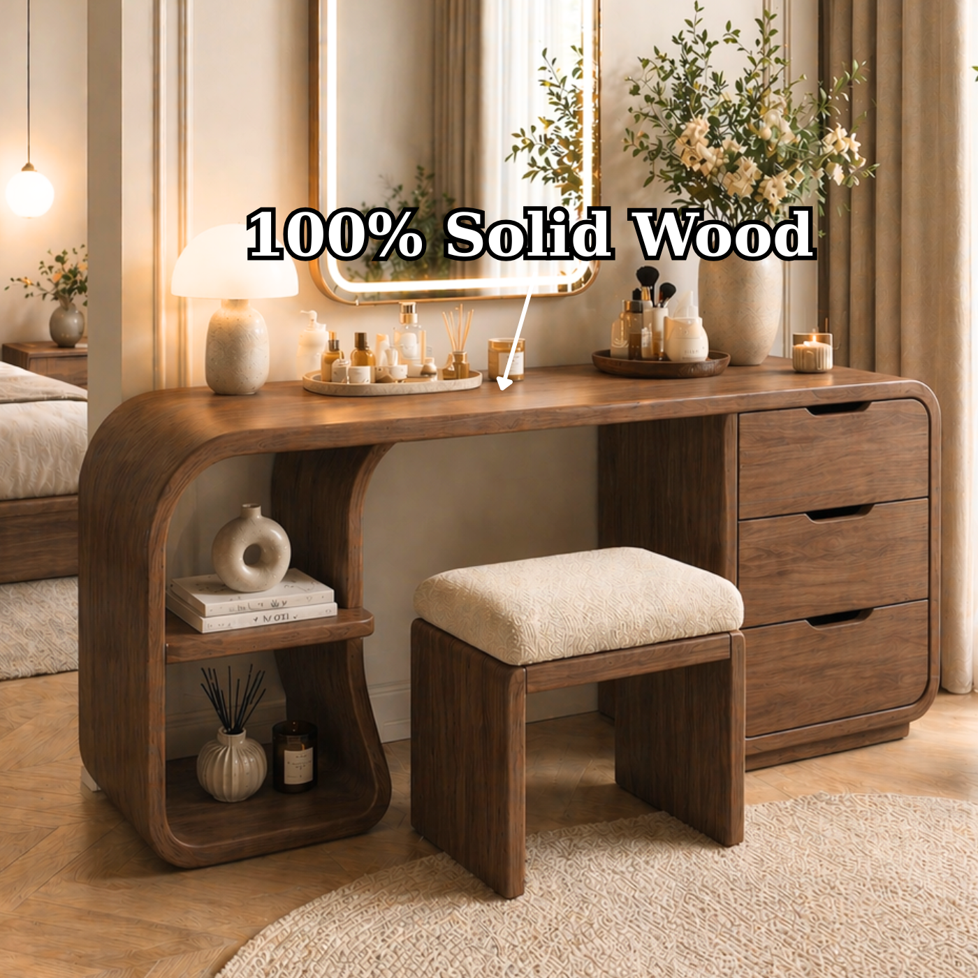 Solid Wood Makeup Vanity Desk with Rounded Waterfall Design and Drawers
