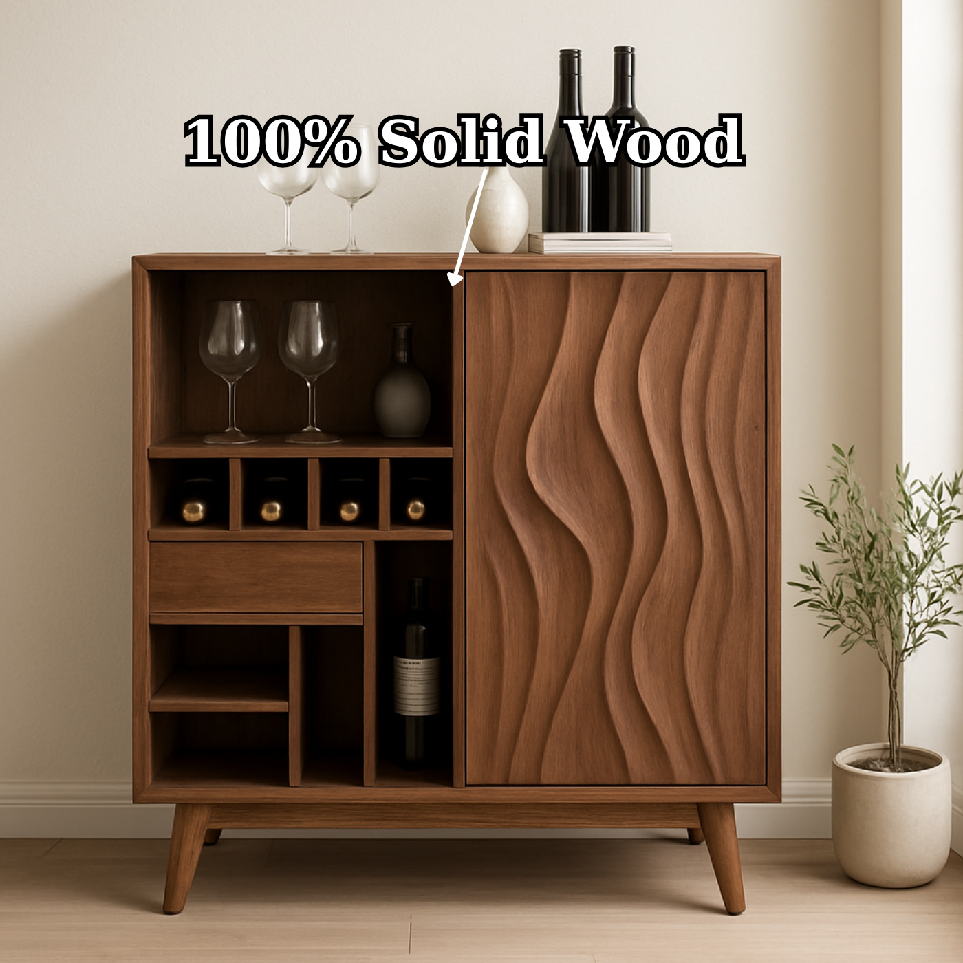 Solid Wood Wine Cabinet with Wave Carved Door and Compact Bottle Storage