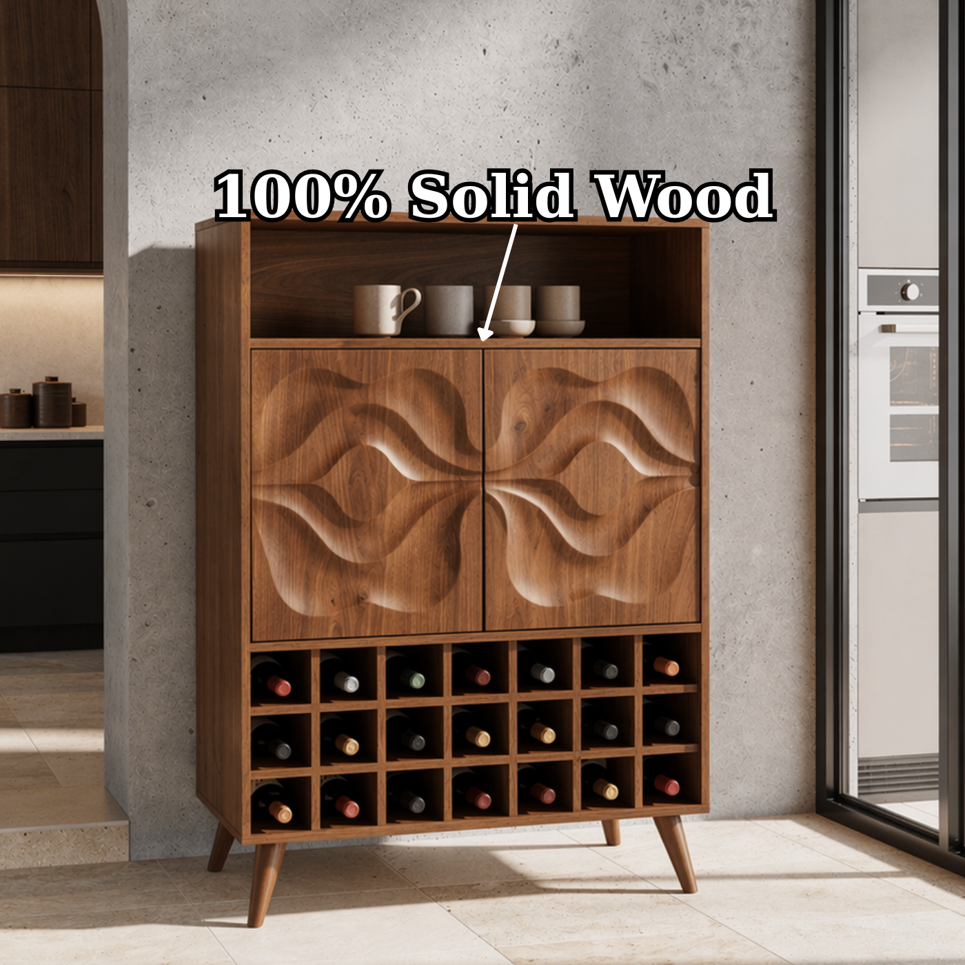 Solid Wood Wine Cabinet with Carved Doors and Grid Bottle Storage