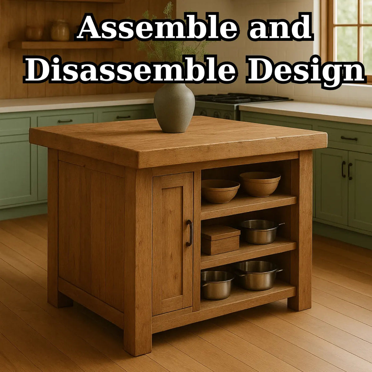 Handcrafted Solid Wood Kitchen Island - Square Shape, Cabinet & Shelves Kitchnce