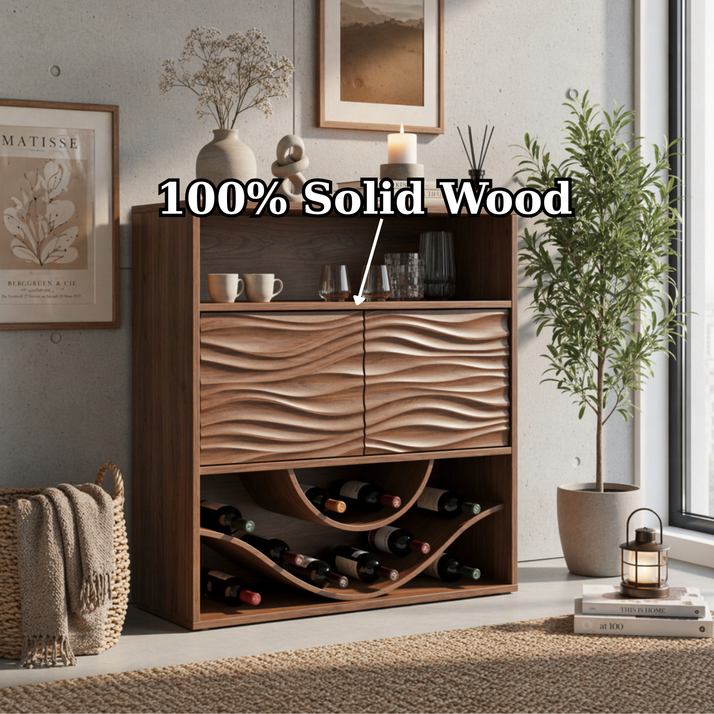 Solid Wood Wine Cabinet with Wave Carved Doors and Open Bottle Storage