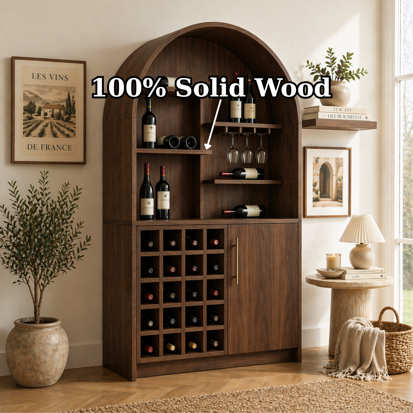 Solid Wood Wine Cabinet with Arched Display Shelves and Bottle Storage