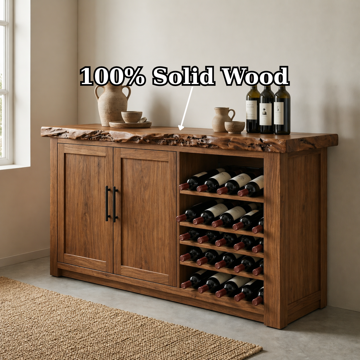 Solid Wood Wine Cabinet with Live Edge Top and Built-In Bottle Rack