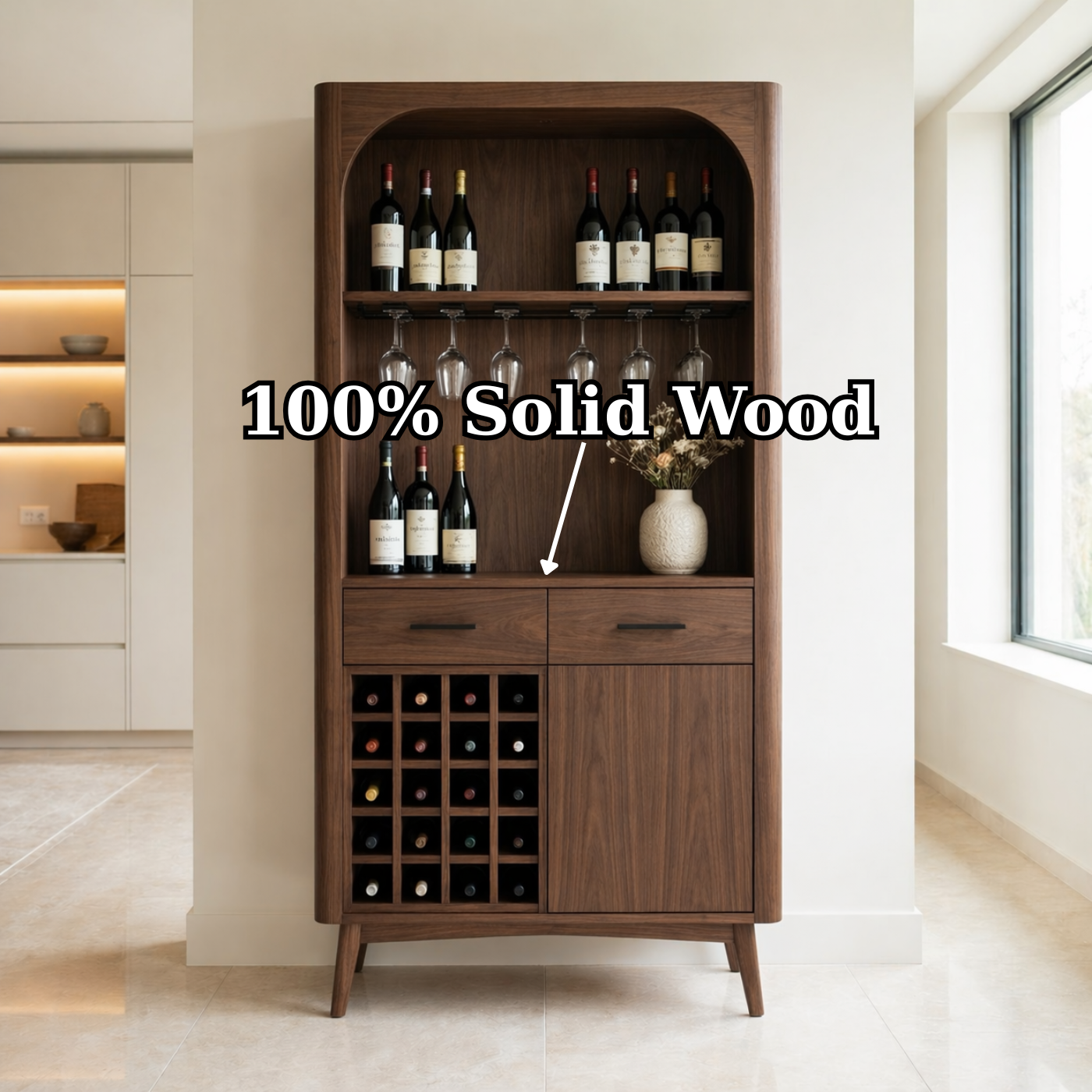 Solid Wood Wine Cabinet with Open Shelves, Glass Holder and Bottle Rack