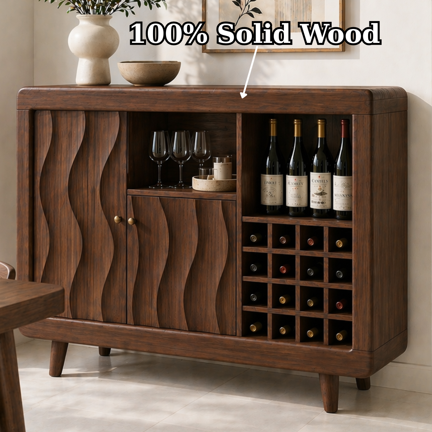 Solid Wood Wine Cabinet with Wave Carved Doors and Built-in Bottle Storage