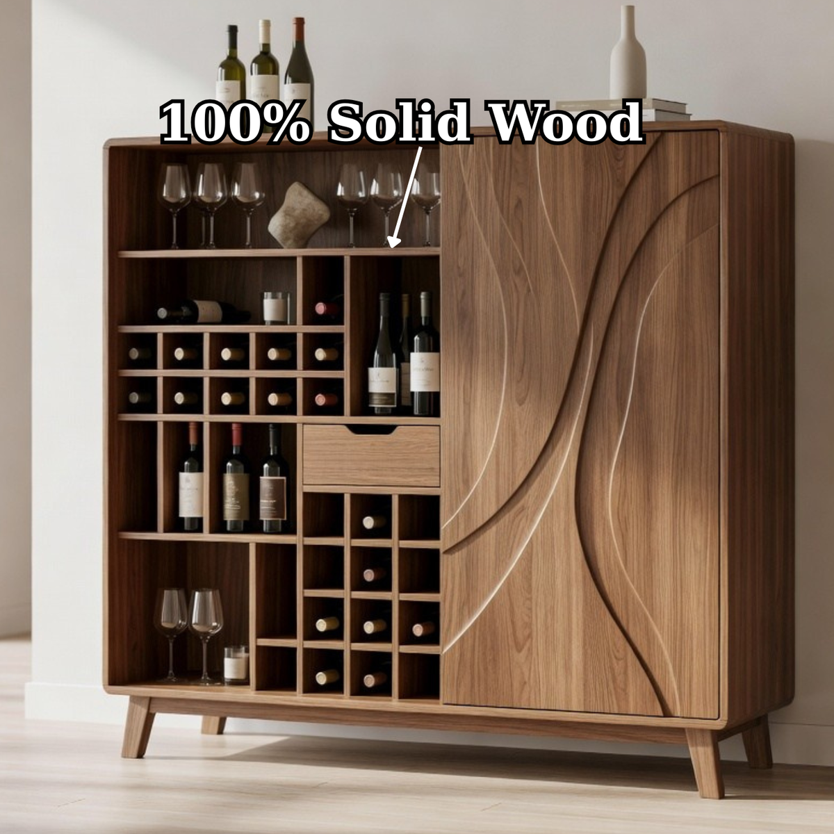 Solid Wood Wine Cabinet with Curved Carved Door and Multi Bottle Storage
