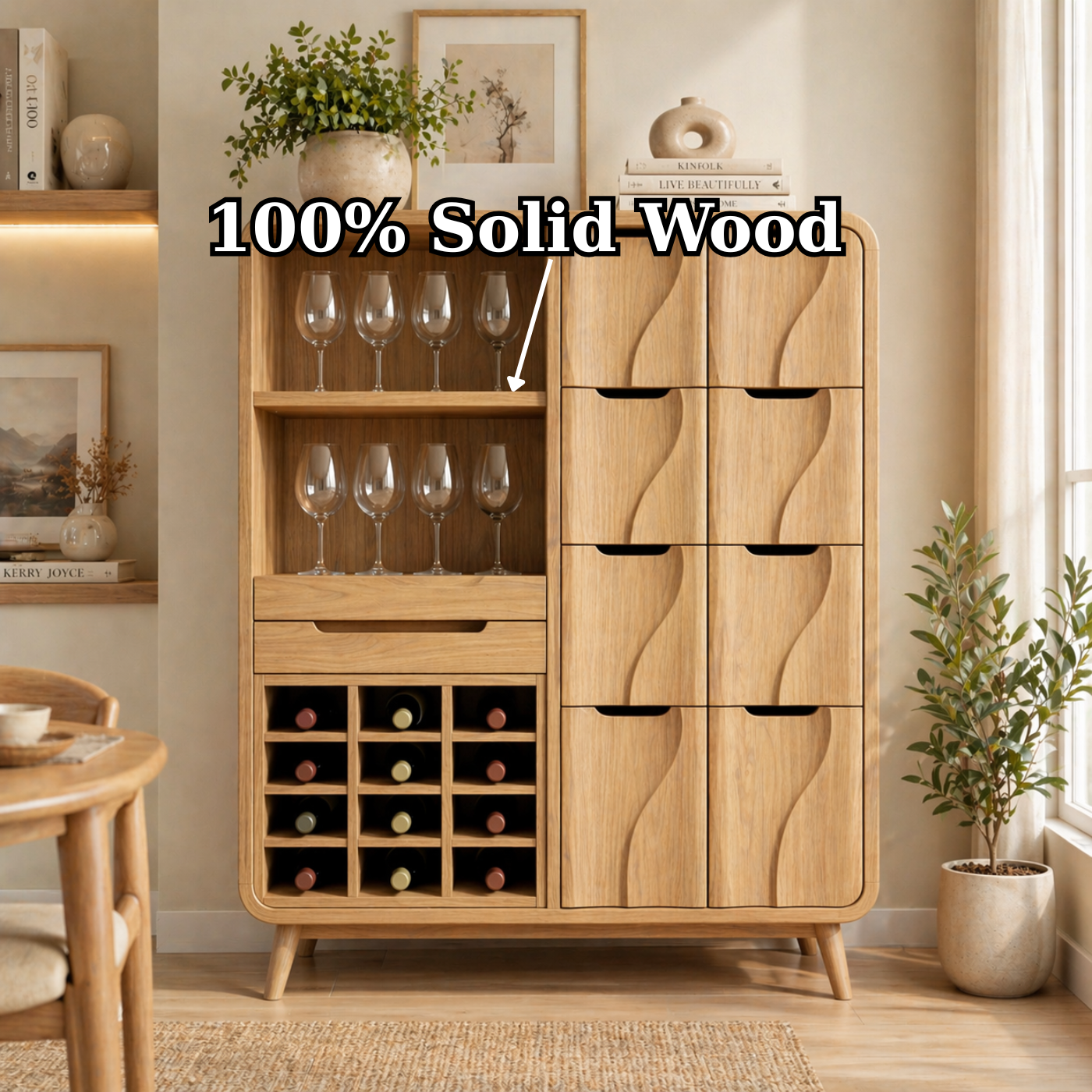 Solid Wood Wine Cabinet with Wave Carved Drawers and Glassware Storage