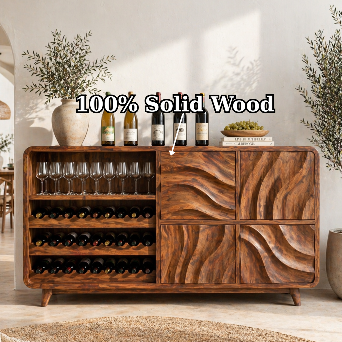 Solid Wood Wine Sideboard with Wave Carved Doors and Open Bottle Storage