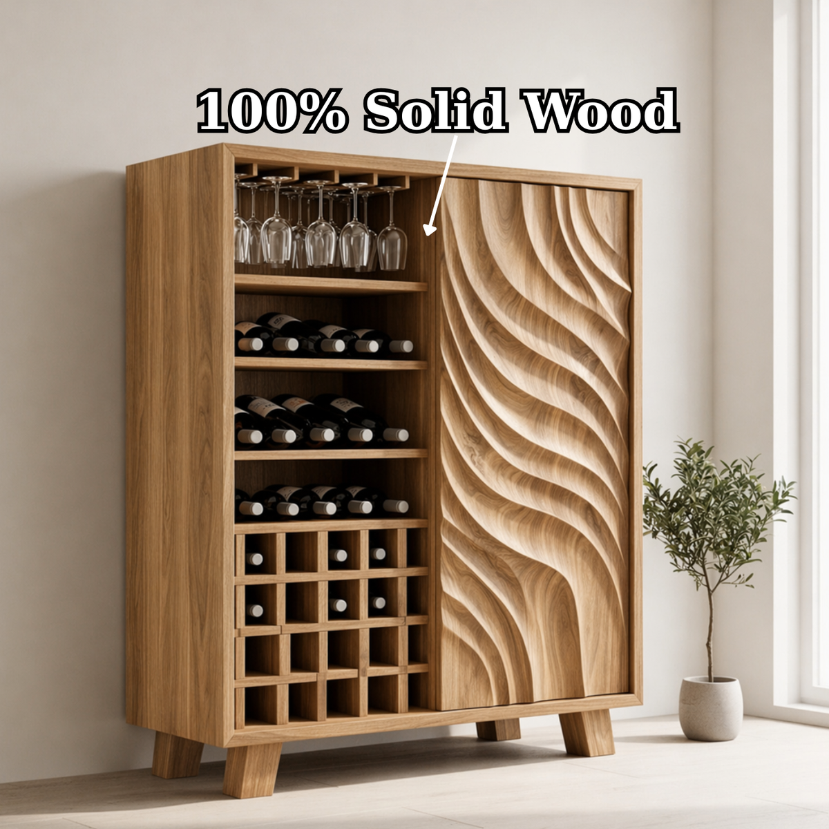 Solid Wood Wine Cabinet with Sculpted Wave Door and Bottle Storage