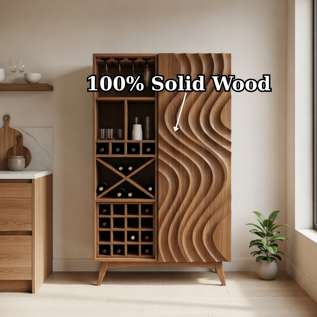 Solid Wood Wine Cabinet with Wave Carved Door and Bottle Storage Rack