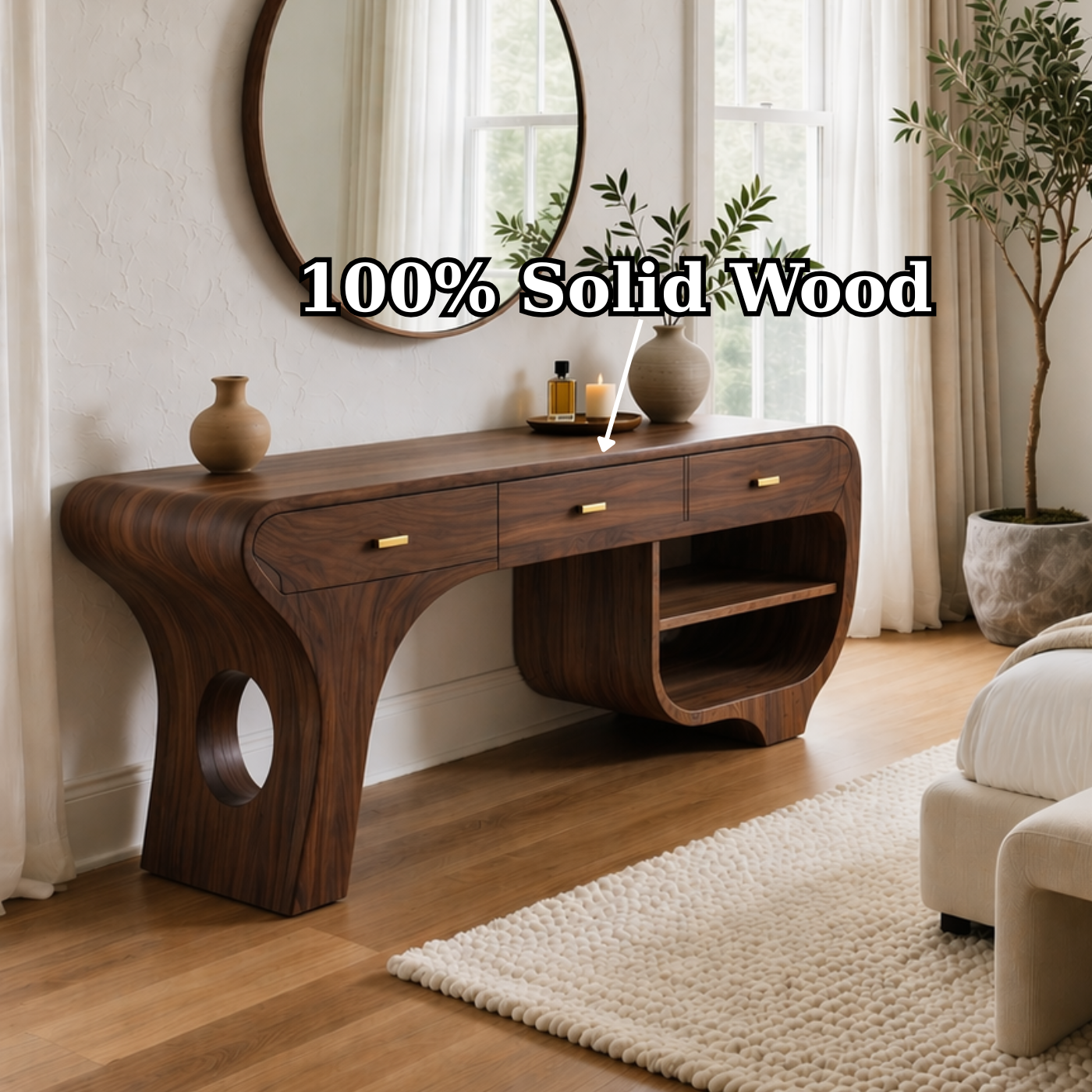 Solid Wood Makeup Vanity Desk with Sculptural Curved Design and Drawers