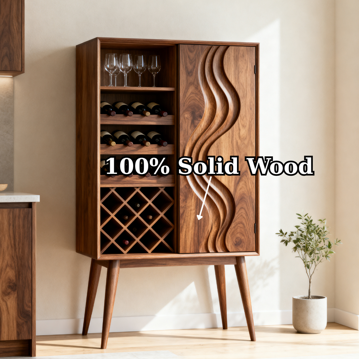 Solid Wood Wine Cabinet with Wave Carved Door and Bottle Storage Rack