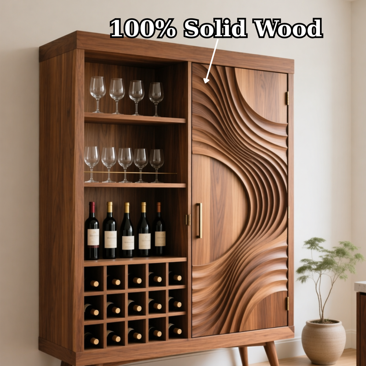 Solid Wood Wine Cabinet with Sculpted Wave Doors and Bottle Storage