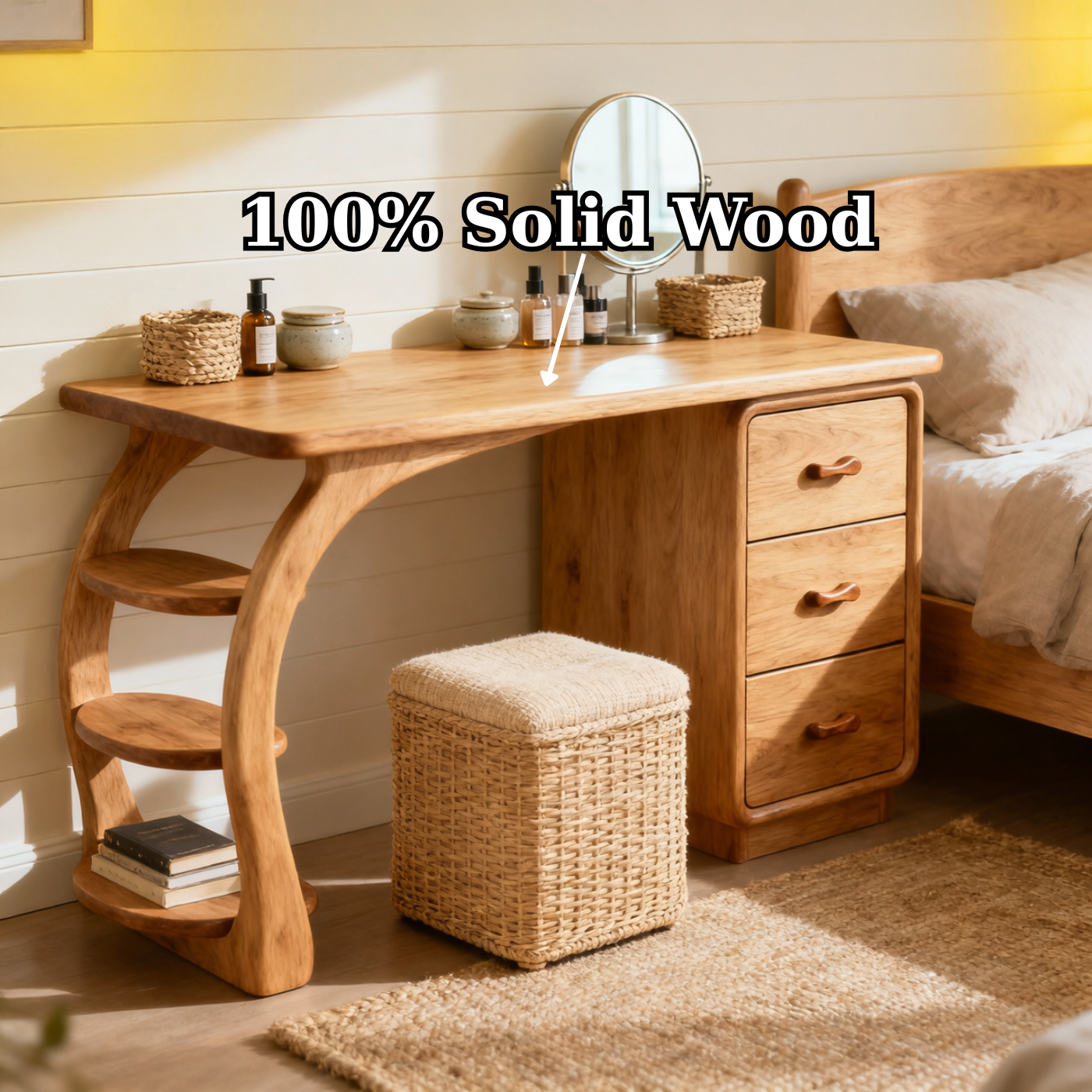 Solid Wood Makeup Vanity Desk with Curved Side Shelves and Drawer Storage