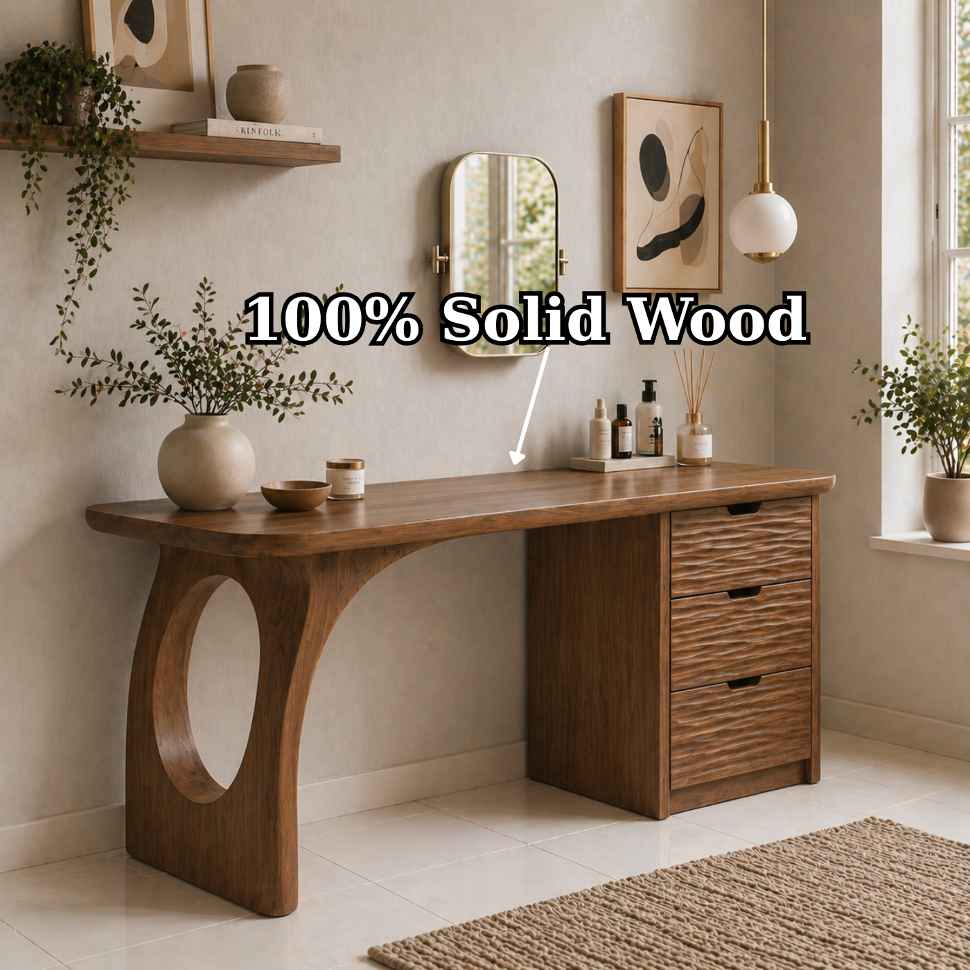 Solid Wood Makeup Vanity Desk with Sculptural Base and Textured Drawers