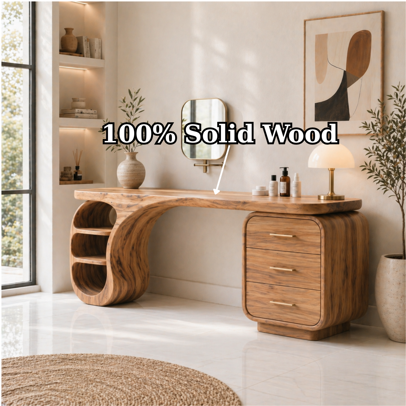 Solid Wood Makeup Vanity Desk with Sculptural Curved Base and Drawer Storage