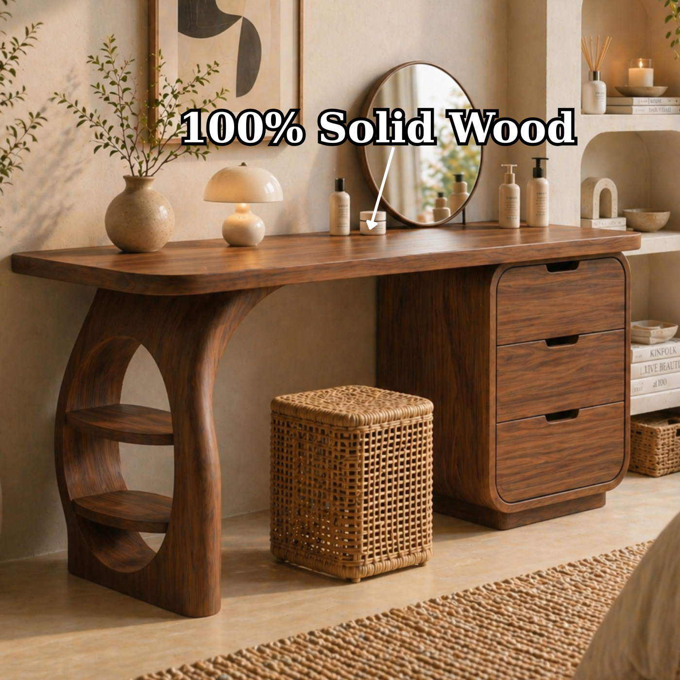 Solid Wood Makeup Vanity Desk with Sculptural Base and Drawer Storage
