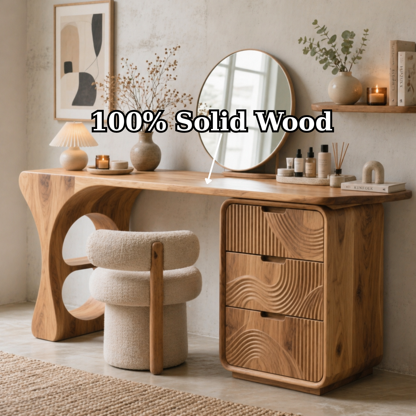 Solid Wood Makeup Vanity Desk with Sculptural Base and Carved Drawer Fronts