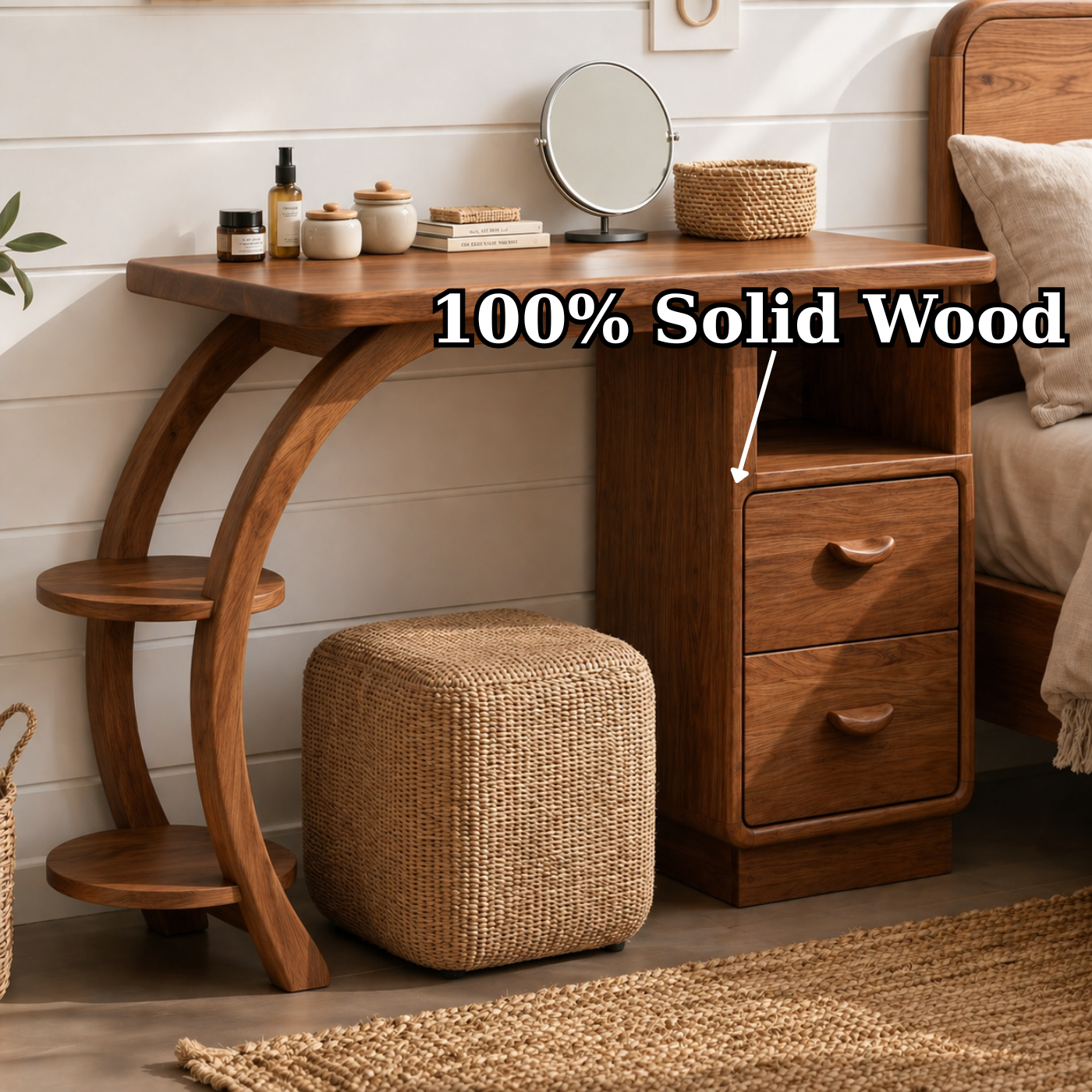 Solid Wood Makeup Vanity Desk with Curved Frame and Drawer Storage