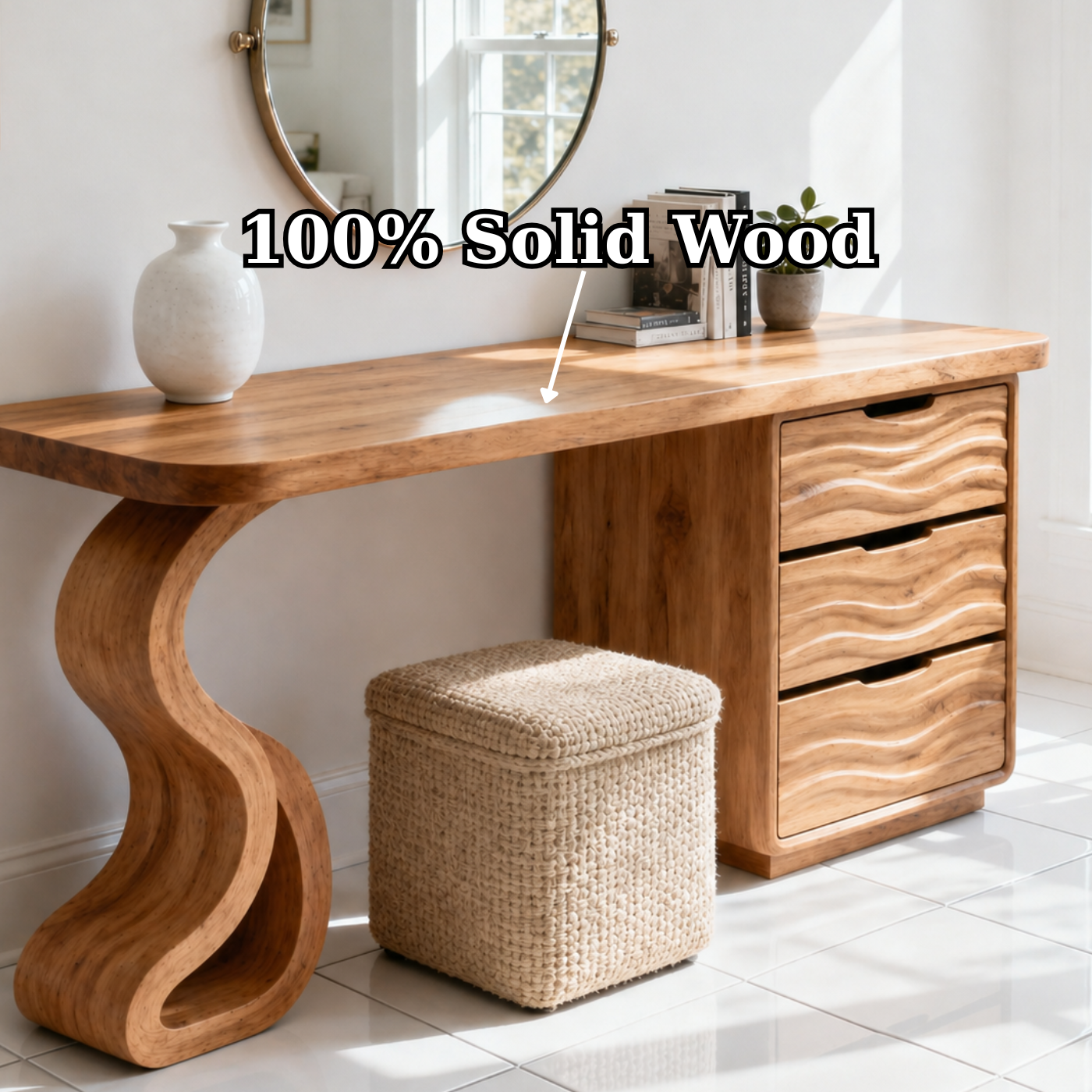 Solid Wood Makeup Vanity Desk with Wave Drawers and Sculptural Curved Base