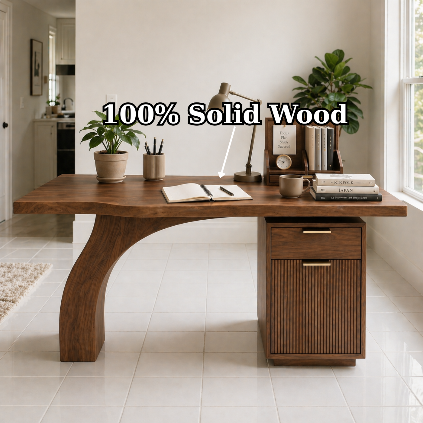 Solid Wood Study Desk with Curved Leg and Drawer Cabinet Storage