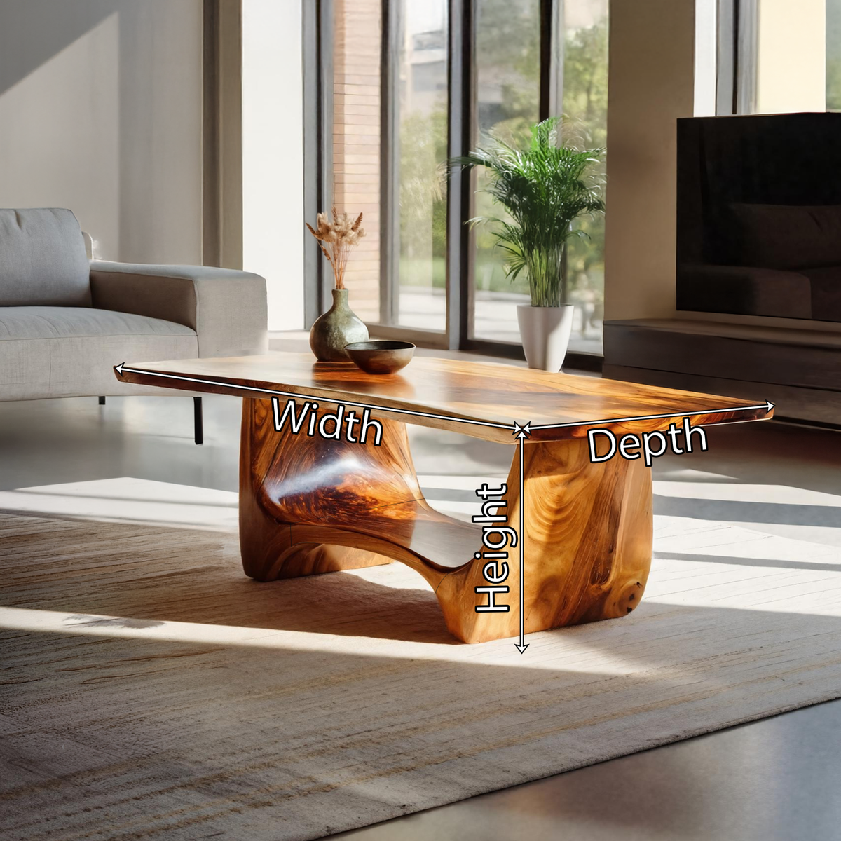 Sculptural Solid Wood Coffee Table with Flow Carved Base