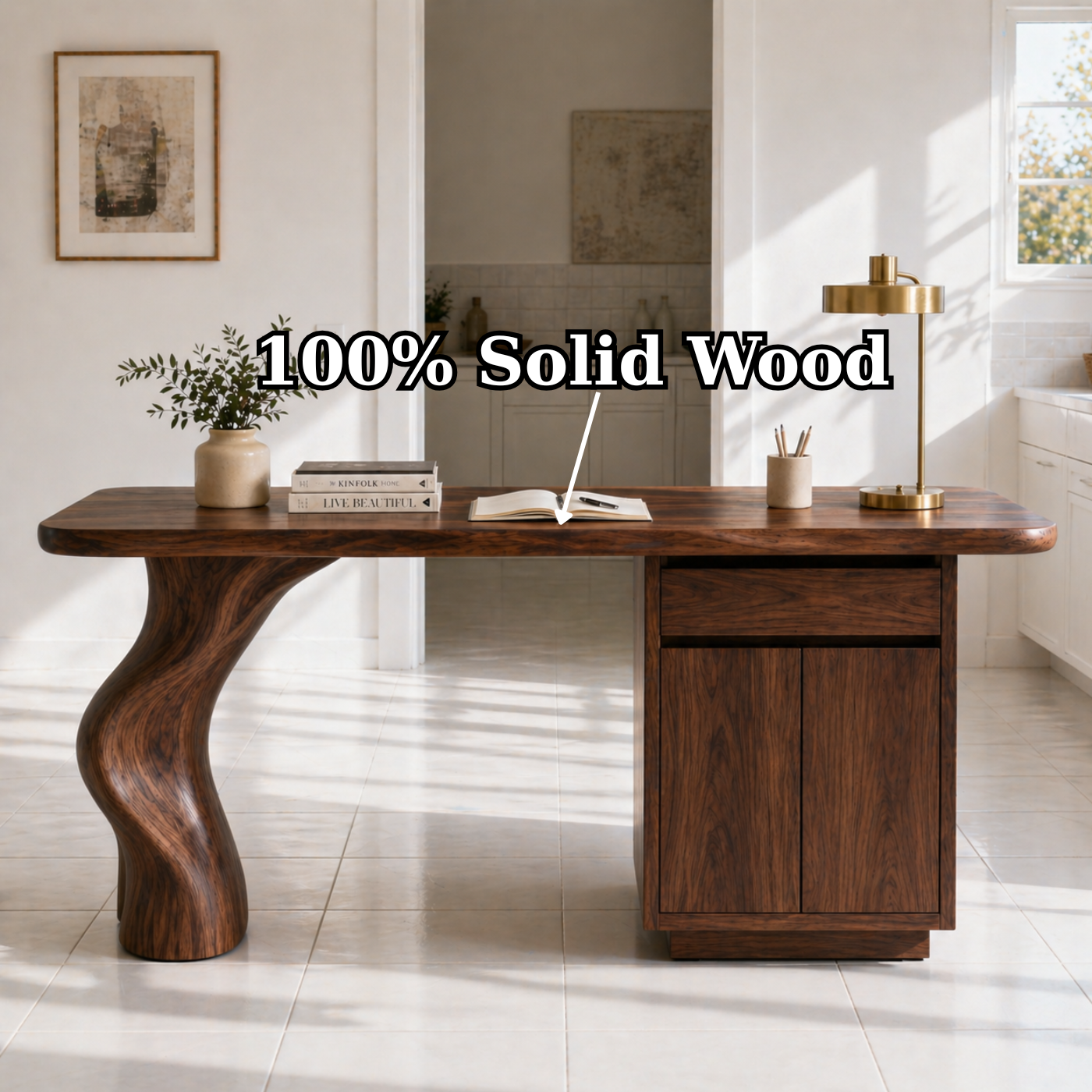 Solid Wood Writing Desk with Sculptural Curved Leg and Storage Cabinet