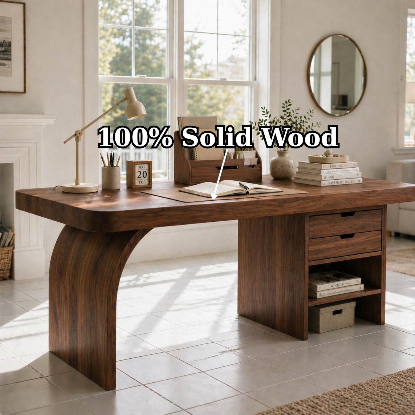 Solid Wood Study Desk with Curved Leg, Drawers and Open Shelf Storage