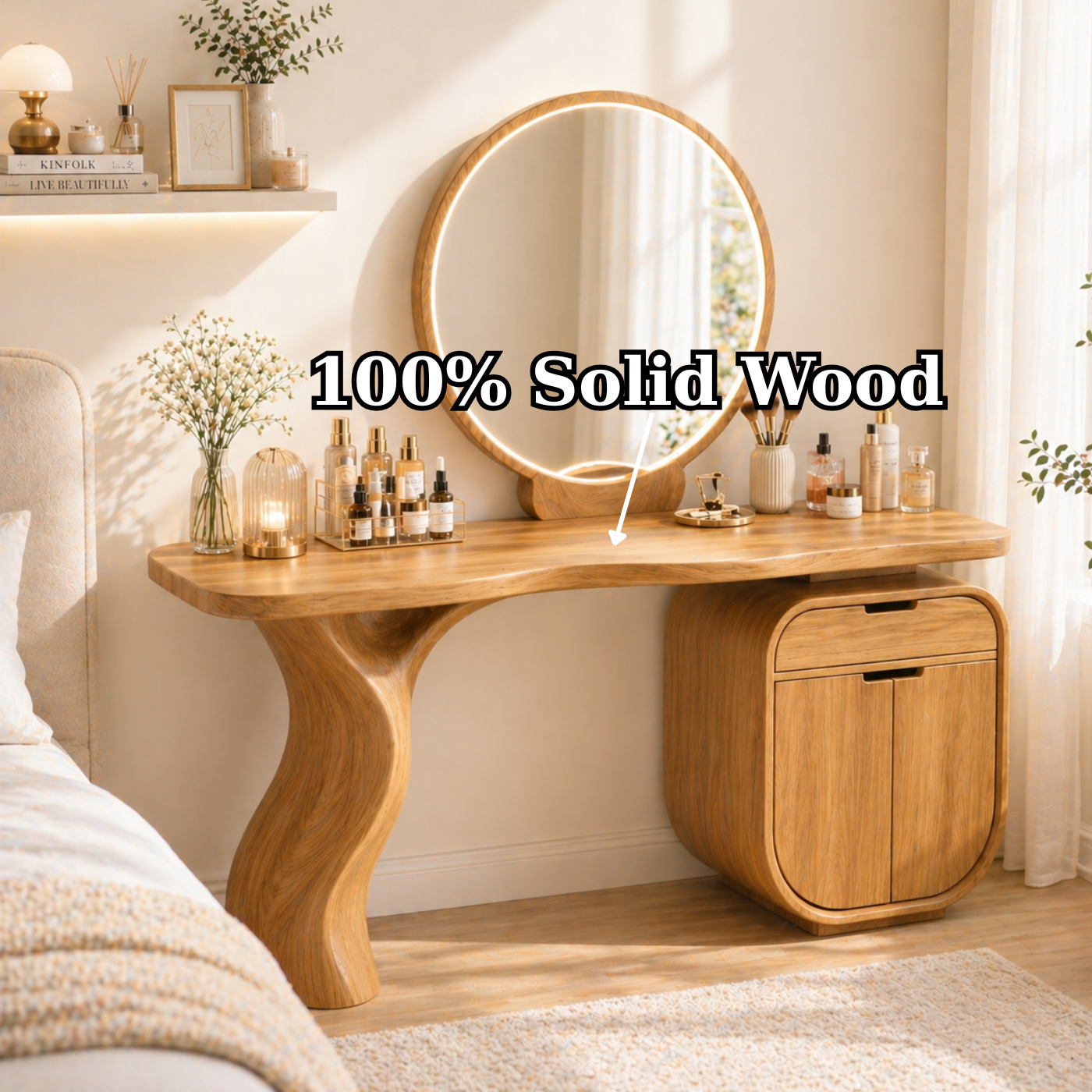 Solid Wood Makeup Vanity with Curved Leg and Storage Cabinet