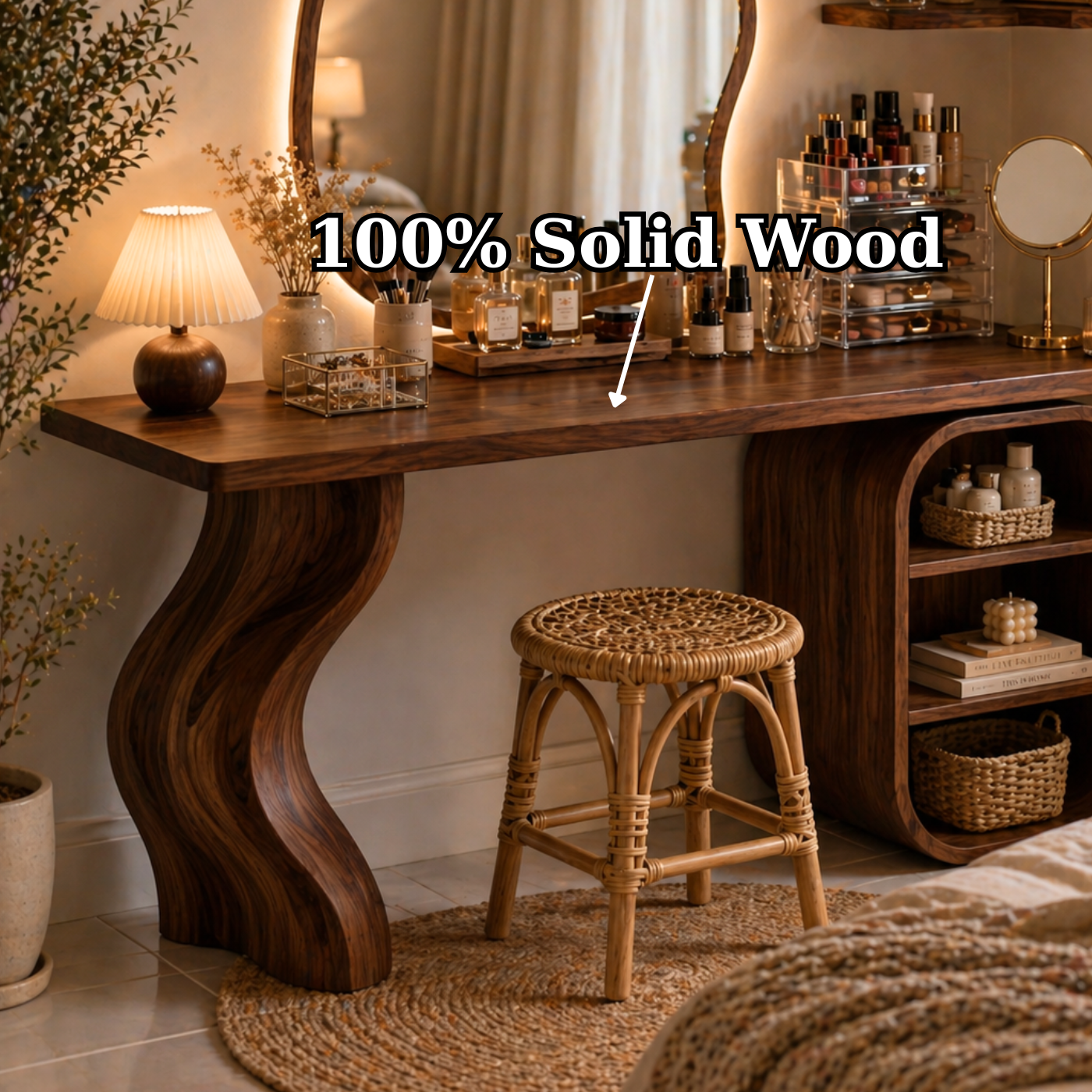 Solid Wood Makeup Vanity with Curved Leg and Open Shelf Storage