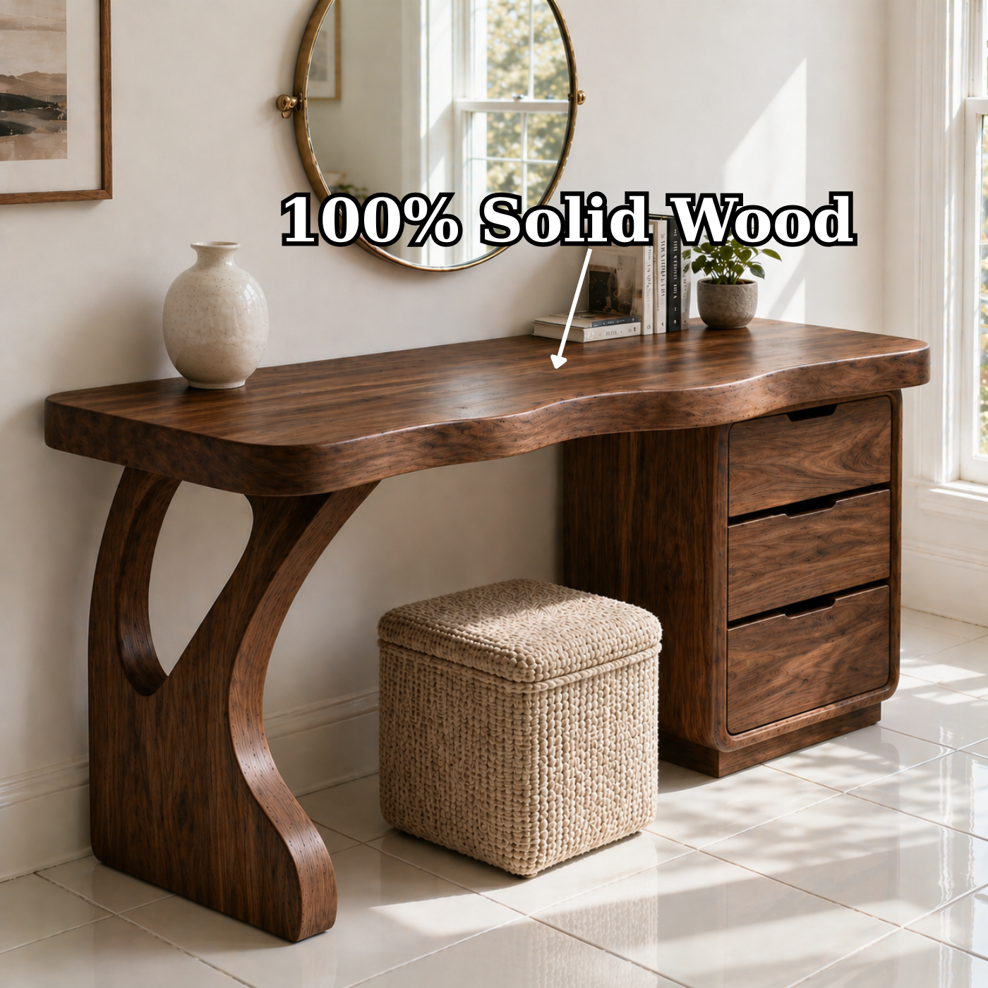 Solid Wood Makeup Vanity with Curved Leg and 3 Drawer Storage