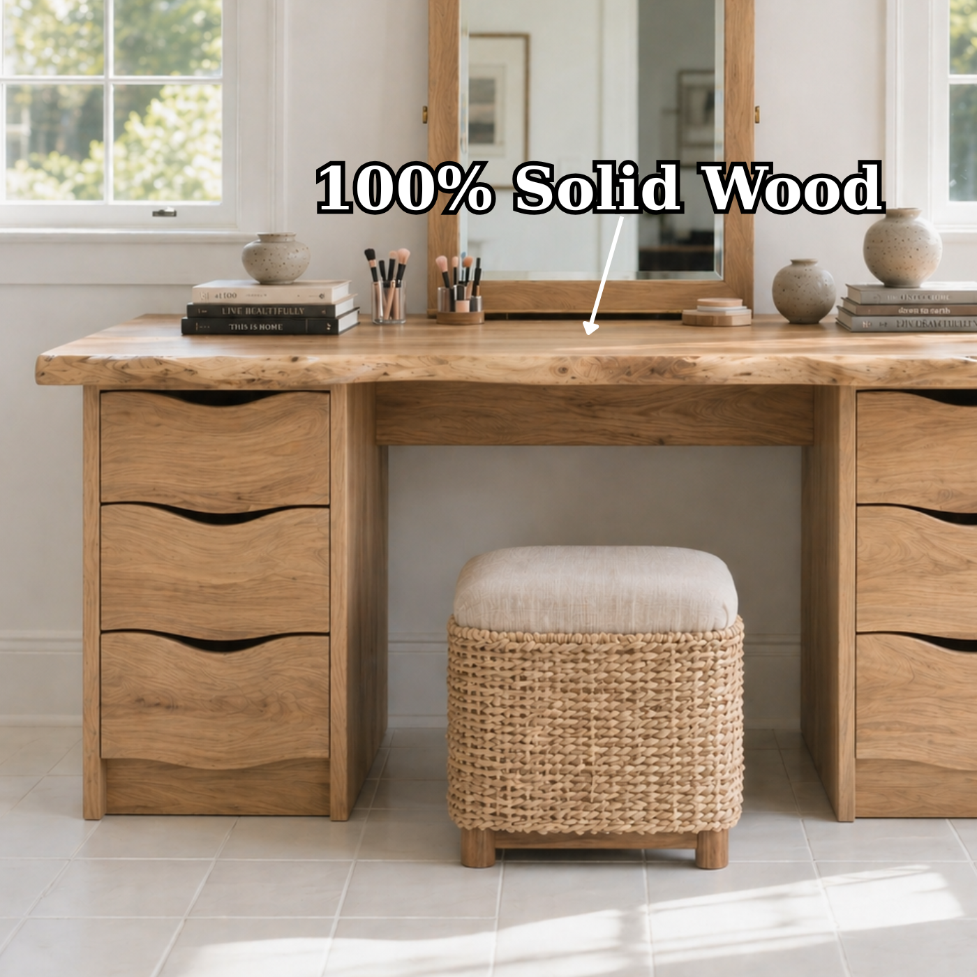 Large Solid Wood Makeup Vanity Desk with Double Drawer Storage and Live Edge Top