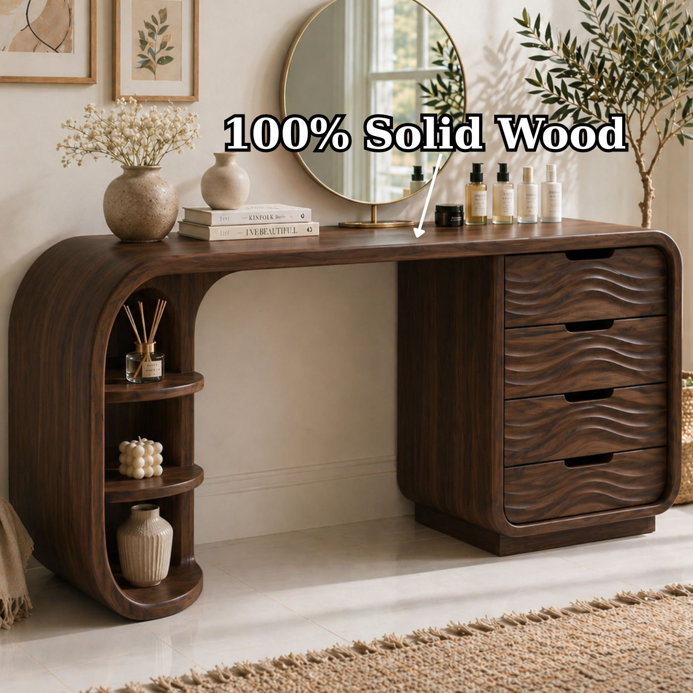 Solid Wood Makeup Vanity Desk with Curved Shelf Base and Wave Drawer Storage